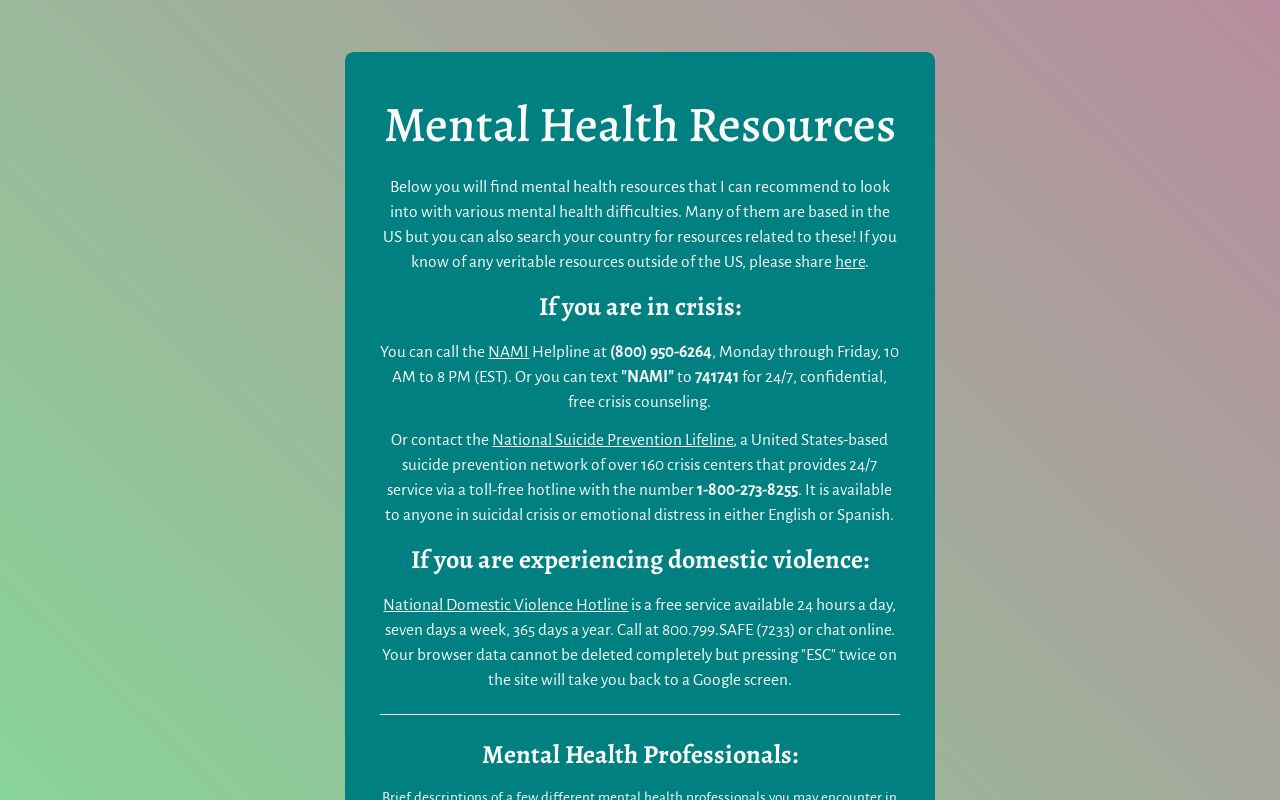Mental Health Resources